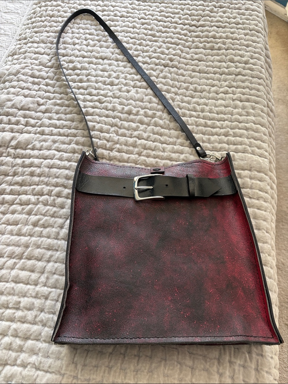 Women's Red and Black Belt-Detail Shoulder Bag